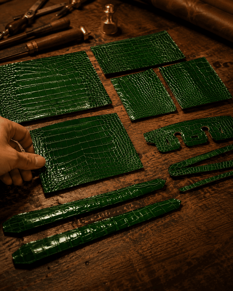 Green crocodile leather pieces laid out on workshop table